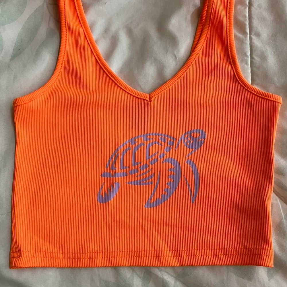 SHEIN Orange Ribbed V-Neck Swim Crop with Lavender Turtle